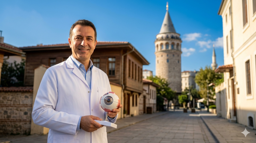طبيب عيون متميز أمام برج غالاتا في إسطنبول يشرح خدمات تكلفة زراعة عدسة متعددة البؤر في تركيا للسياح الطبيين.