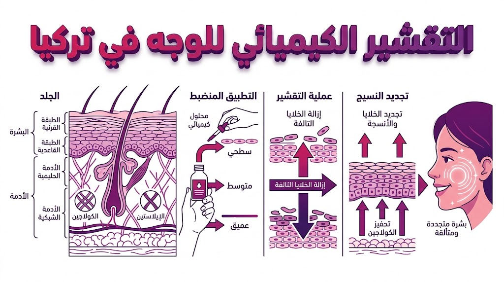 إنفوجرافيك طبي يوضح طبقات الجلد وكيفية عمل التقشير الكيميائي للوجه في تركيا لتجديد الخلايا.