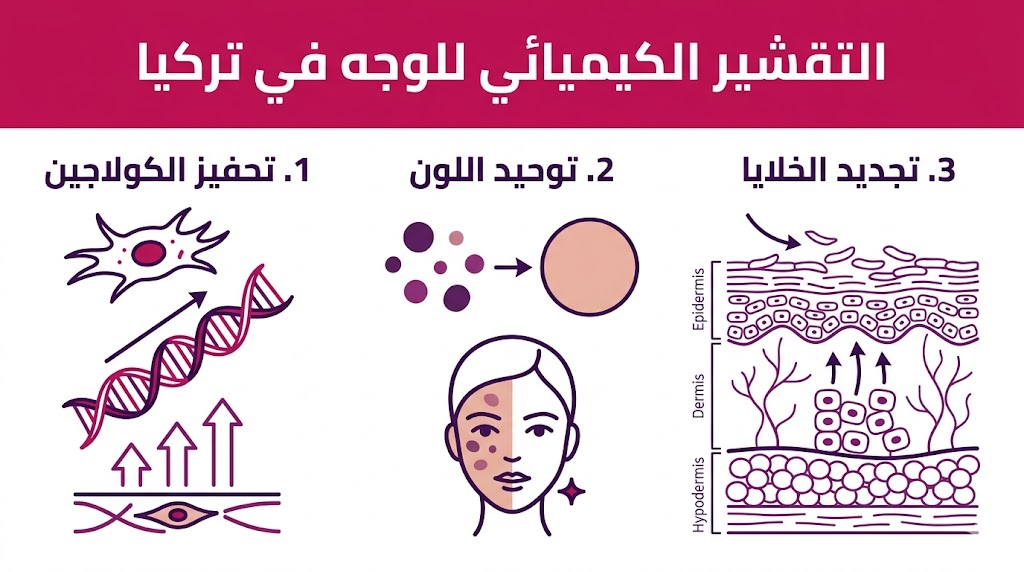  بوستر إنفوجرافيك يشرح فوائد التقشير الكيميائي للوجه في تركيا في تحفيز الكولاجين وتوحيد لون البشرة.