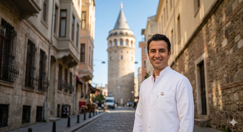 طبيب خبير في التقشير الكيميائي للوجه في تركيا يقف أمام برج غالاتا التاريخي في اسطنبول.