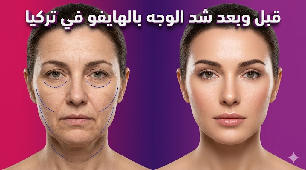 مقارنة قبل وبعد شد الوجه بالهايفو في تركيا توضح تحسن ترهلات الجلد ونضارته.