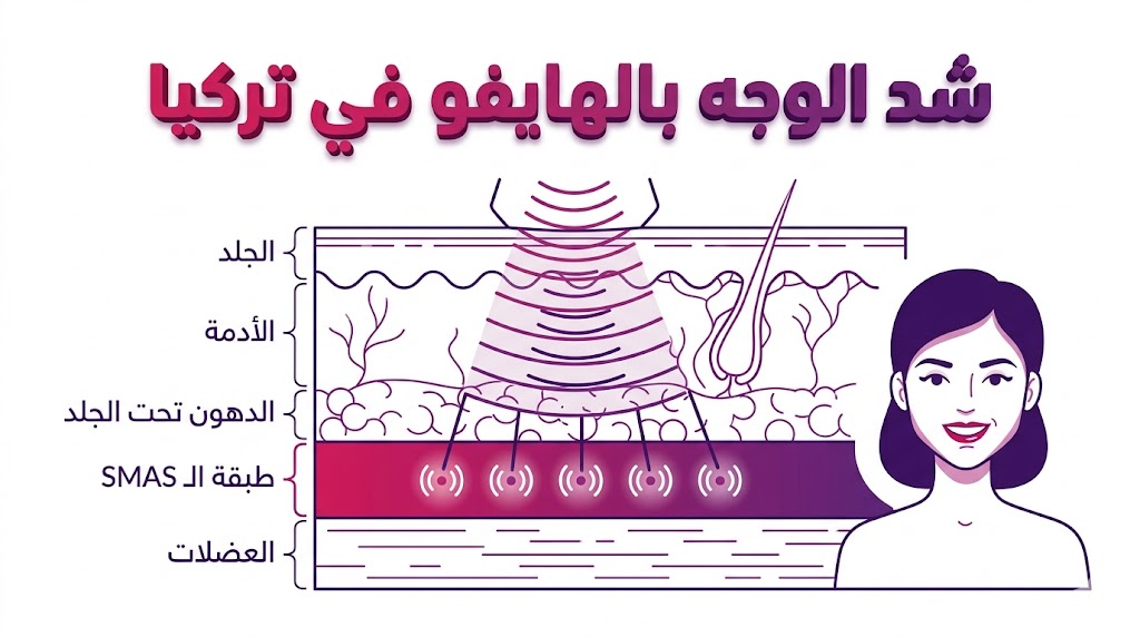 مخطط تشريحي يوضح كيفية عمل الموجات فوق الصوتية في شد الوجه بالهايفو في تركيا.