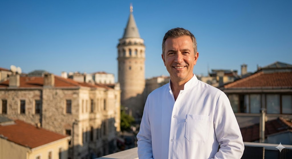 طبيب تجميل يقف أمام برج غالاتا في إسطنبول للترويج لعمليات شد الوجه بالهايفو في تركيا.