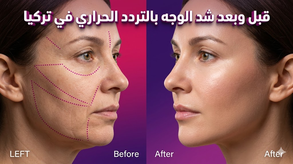  مقارنة قبل وبعد تظهر نتائج شد الوجه بالتردد الحراري في تركيا مع علامات طبية توضيحية.