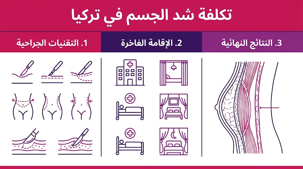 إنفوجرافيك مقسم لثلاثة أقسام يشرح التقنيات والإقامة والنتائج المتعلقة بموضوع تكلفة شد الجسم في تركيا.