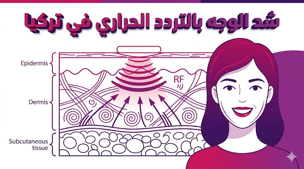 إنفوجرافيك طبي يوضح كيفية اختراق طاقة التردد الحراري لطبقات الجلد لإجراء شد الوجه بالتردد الحراري في تركيا.