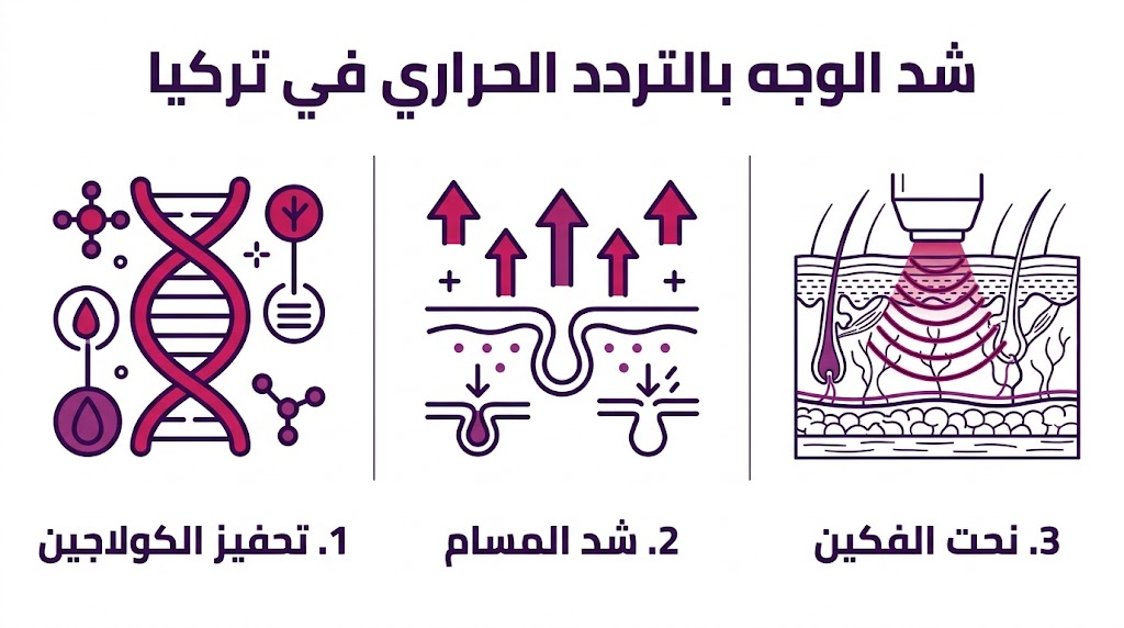بوستر إنفوجرافيك تعليمي يشرح الفوائد الثلاث الرئيسية لعملية شد الوجه بالتردد الحراري في تركيا.