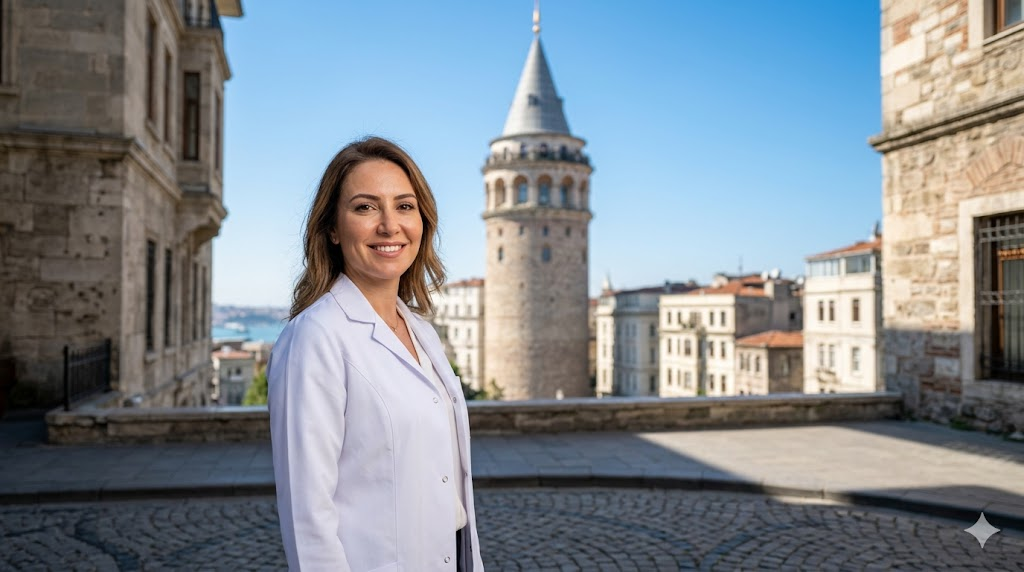  طبيب تجميل يقف بداخل مدينة إسطنبول مع ظهور برج غالاتا كخلفية لخدمة شد الوجه بالتردد الحراري في تركيا.