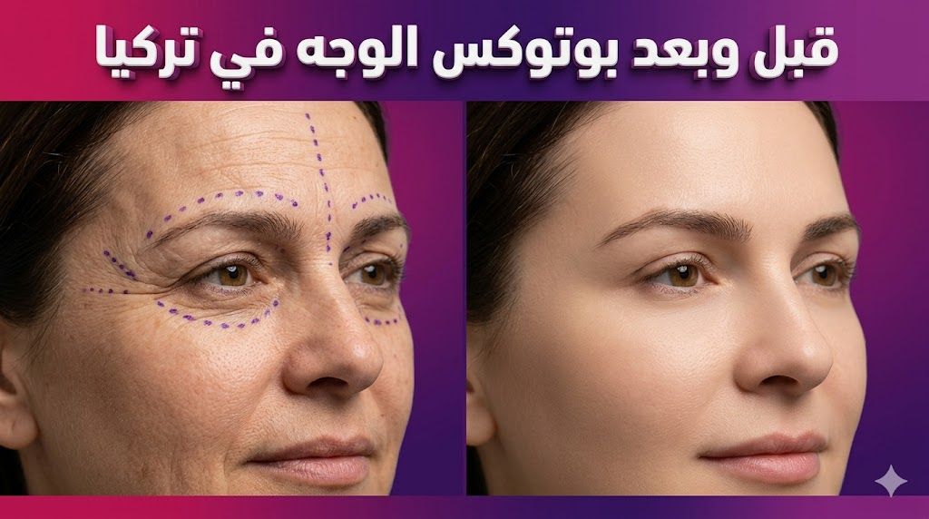 صورة قبل وبعد توضح نتائج بوتوكس الوجه في تركيا مع علامات طبية وتغيير ملموس في نعومة البشرة.