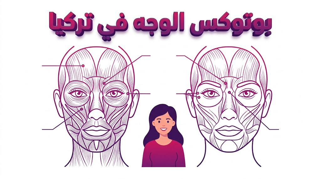 إنفوجرافيك تعليمي يوضح نقاط حقن بوتوكس الوجه في تركيا وتشريح عضلات الوجه بأسلوب فيكتور راقي.