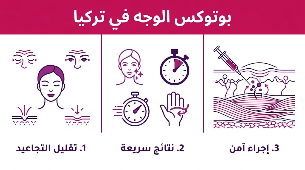 بوستر إنفوجرافيك طبي يلخص فوائد بوتوكس الوجه في تركيا في ثلاث نقاط أساسية مع أيقونات توضيحية.