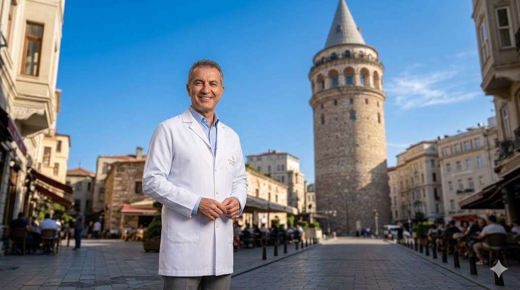 طبيب تجميل متخصص في بوتوكس الوجه في تركيا يقف أمام برج غالاتا التاريخي في اسطنبول.