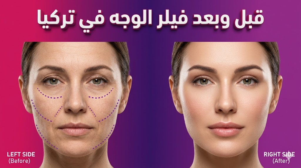 مقارنة قبل وبعد حقن فيلر الوجه في تركيا تظهر علامات التخطيط الطبي والنتائج النهائية المذهلة.