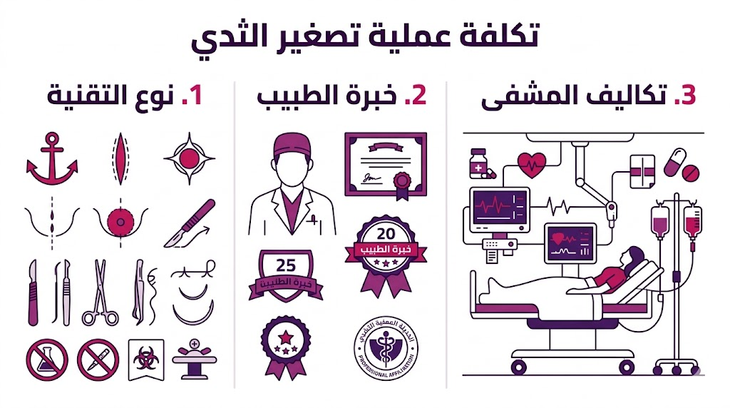  بوستر إنفوجرافيك يوضح العناصر الثلاثة الأساسية التي تحدد تكلفة عملية تصغير الثدي.