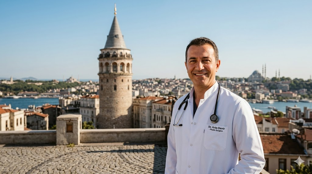 طبيب تجميل مختص في فيلر الوجه في تركيا يقف أمام برج غالاتا التاريخي في إسطنبول.