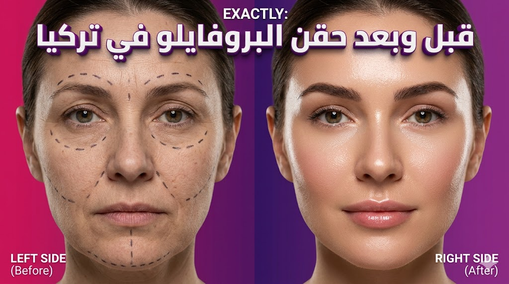مقارنة قبل وبعد حقن البروفايلو في تركيا تظهر تحسن نضارة البشرة وشد الترهلات بشكل طبيعي ومبهر.