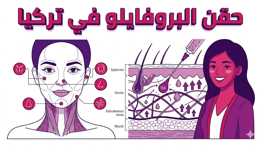 إنفوجرافيك تعليمي يوضح الآلية العلمية لعمل حقن البروفايلو في تركيا وكيفية انتشارها في طبقات الجلد.