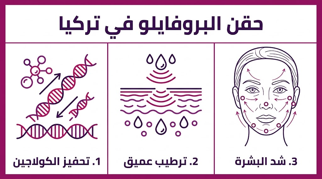  بوستر إنفوجرافيك طبي يوضح المزايا الثلاث الرئيسية لعملية حقن البروفايلو في تركيا.