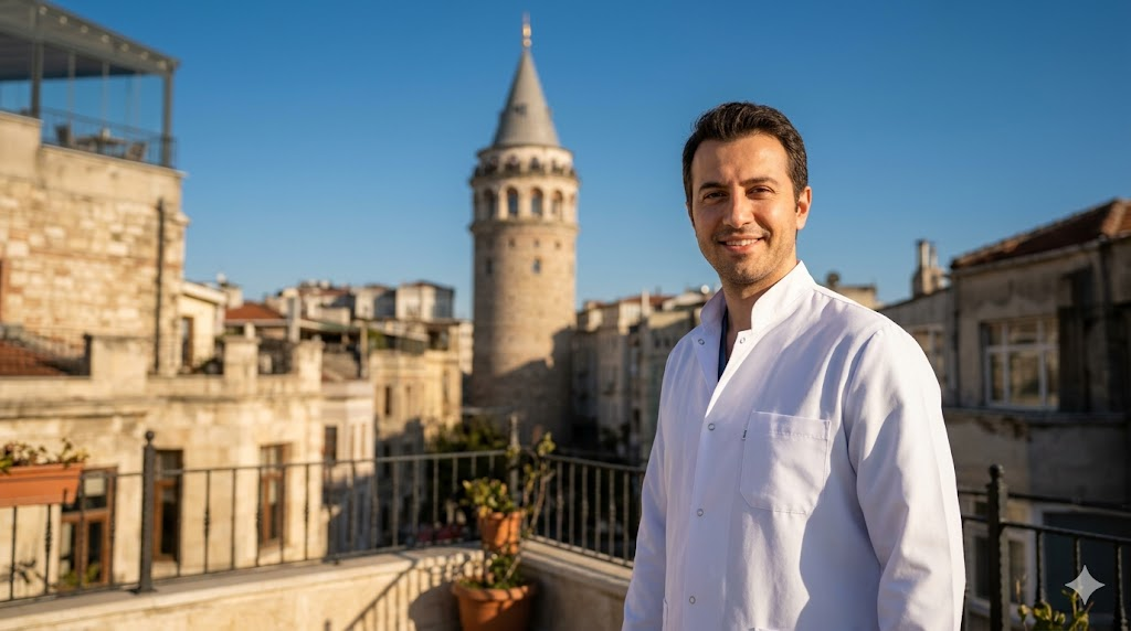 طبيب تجميل خبير يقف أمام برج غالاتا في اسطنبول، يرمز لخدمات حقن البروفايلو في تركيا بأعلى المعايير.