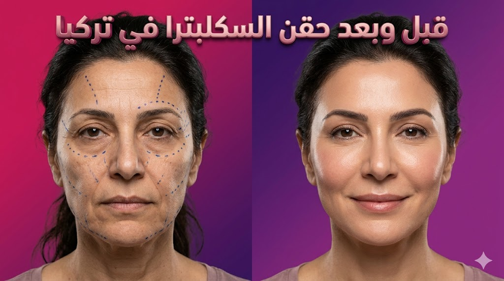 مقارنة قبل وبعد حقن السكلبترا في تركيا توضح شد الوجه واستعادة نضارة البشرة.