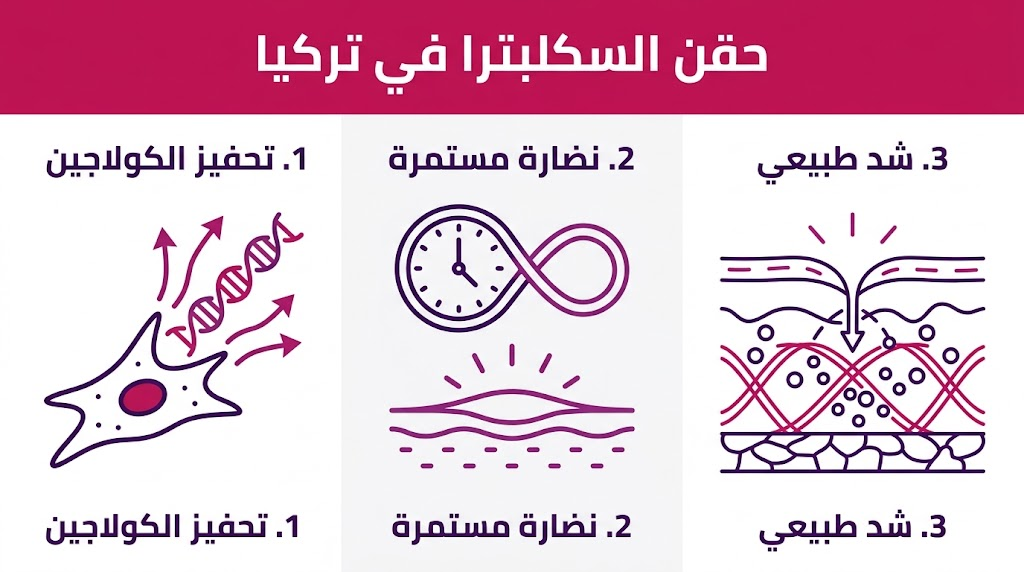 إنفوجرافيك طبي يوضح أهم ثلاث مميزات لتقنية حقن السكلبترا في تركيا.