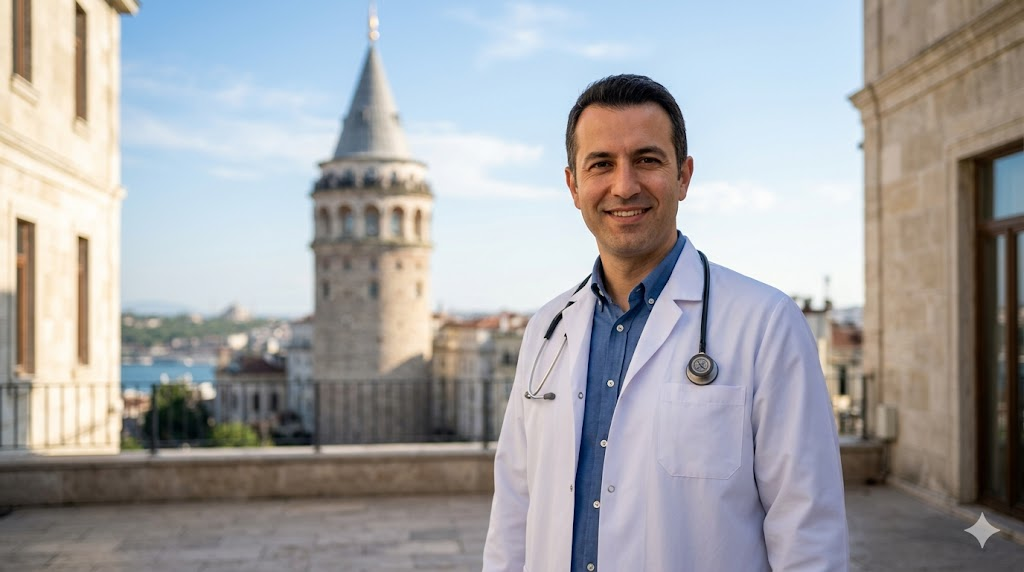 طبيب تجميل خبير أمام برج غالاتا في إسطنبول يقدم خدمات حقن السكلبترا في تركيا.