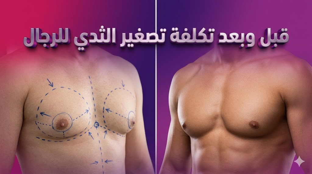 صورة مقارنة قبل وبعد توضح نتائج العملية مع علامات جراحية احترافية مرتبطة بموضوع تكلفة تصغير الثدي للرجال.