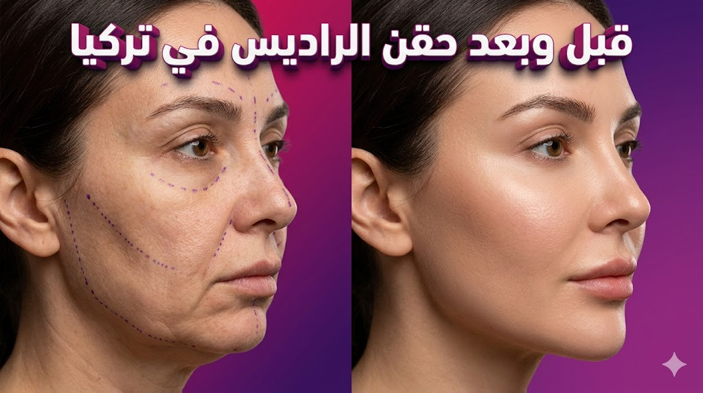 مقارنة قبل وبعد تظهر نتائج حقن الراديس في تركيا لشد الوجه وتحديد الفك مع علامات طبية توضيحية.