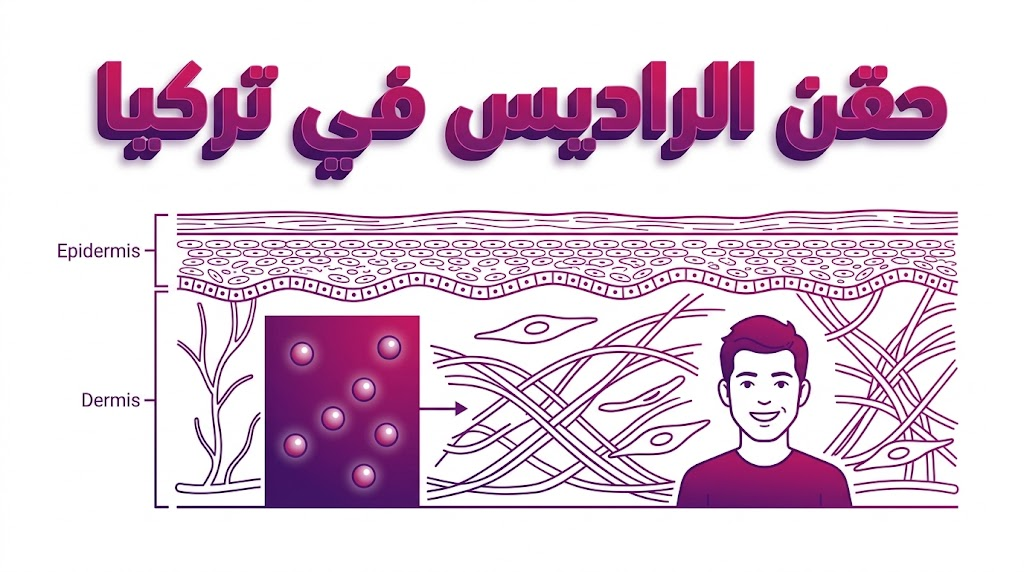  إنفوجرافيك علمي يوضح آلية عمل حقن الراديس في تركيا داخل طبقات الجلد لتحفيز إنتاج الكولاجين.