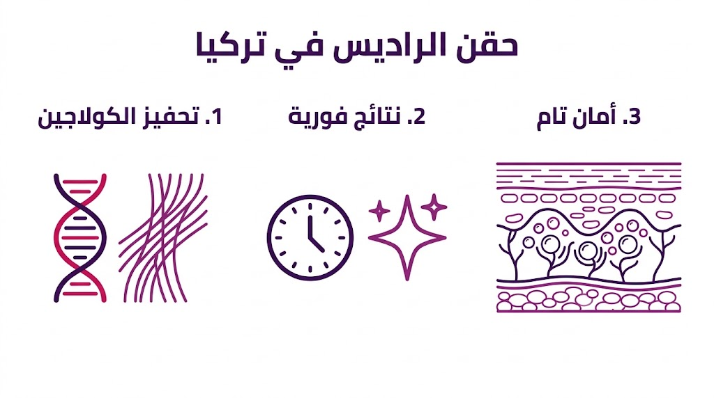 بوستر إنفوجرافيك يبرز ثلاث مميزات أساسية لعملية حقن الراديس في تركيا: تحفيز الكولاجين، النتائج الفورية، والأمان.
