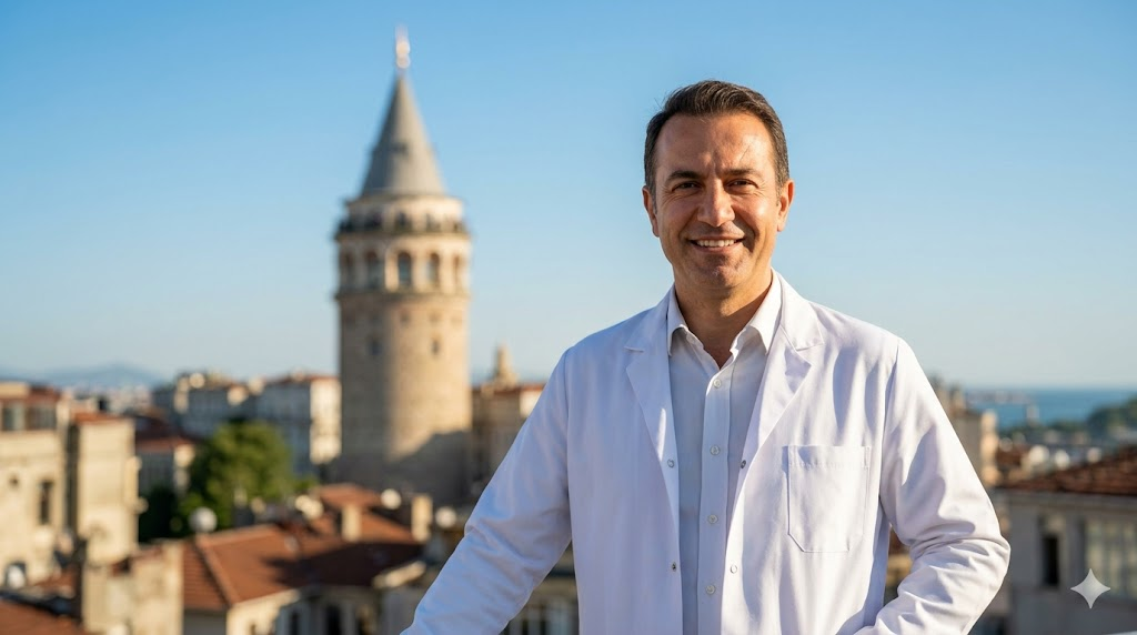 طبيب تجميل متخصص في حقن الراديس في تركيا يقف أمام برج غالاتا التاريخي في اسطنبول.