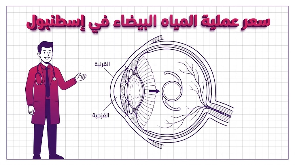 إنفوجرافيك تعليمي يوضح تفاصيل التشريح الطبي ومراحل سعر عملية المياه البيضاء في إسطنبول.