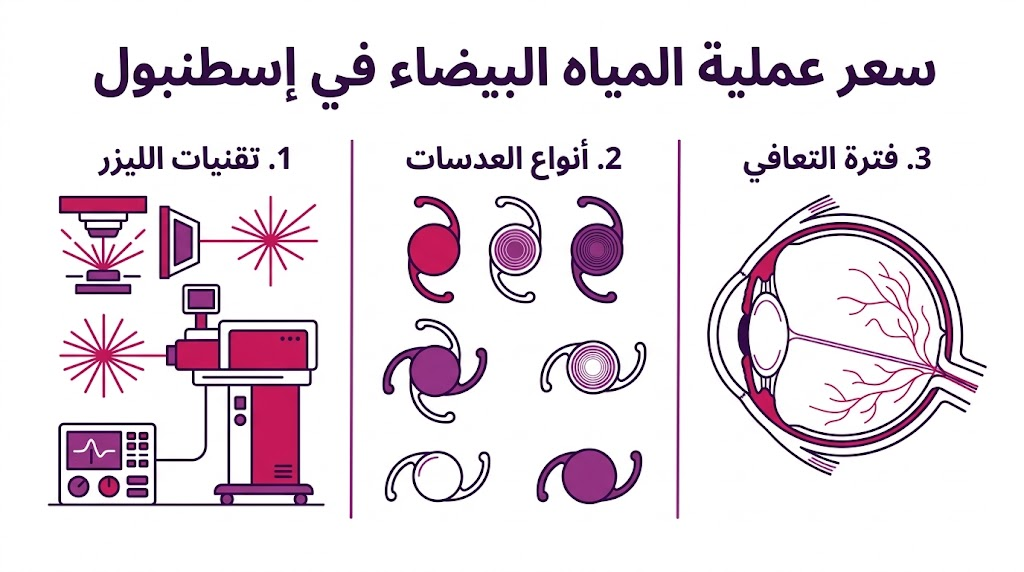 مخطط توضيحي يبرز العوامل المؤثرة في سعر عملية المياه البيضاء في إسطنبول والتقنيات المستخدمة.