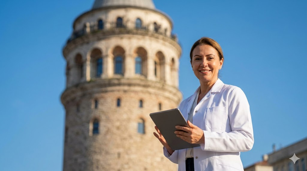 طبيب مختص يقف أمام برج غالاتا، يمثل جودة الخدمة الطبية المرتبطة بـ سعر عملية المياه البيضاء في إسطنبول.