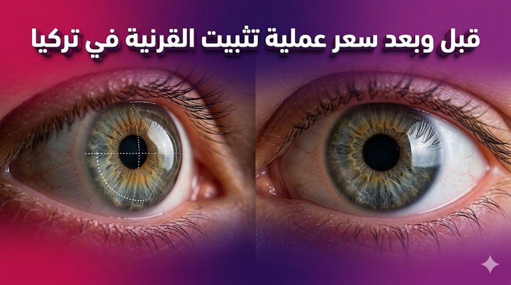 مقارنة قبل وبعد توضح استقرار العين بعد معرفة سعر عملية تثبيت القرنية في تركيا وإجراء الجراحة.
