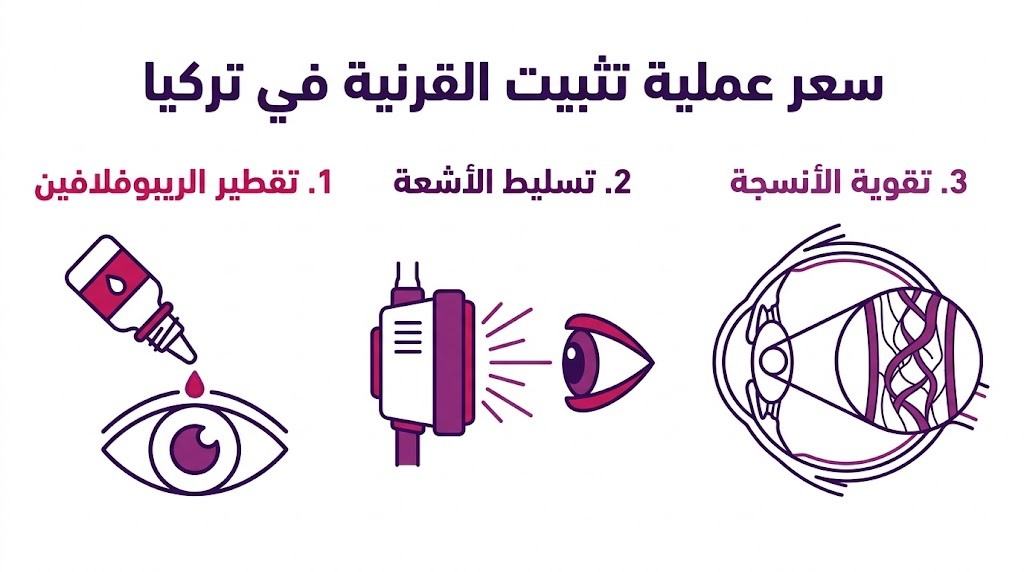 إنفوجرافيك طبي يشرح التشريح الداخلي للعين وكيفية تأثير سعر عملية تثبيت القرنية في تركيا على جودة العلاج.