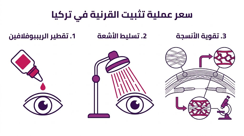  بوستر توضيحي لمراحل العملية وتكلفة وسعر عملية تثبيت القرنية في تركيا.