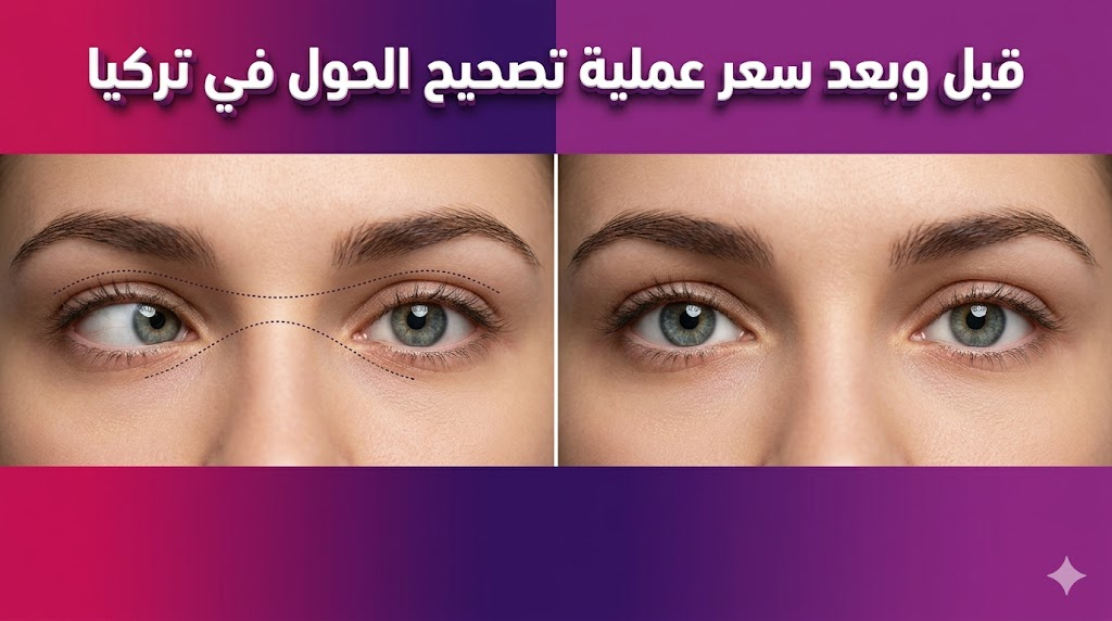  صورة مقارنة "قبل وبعد" توضح نتائج و سعر عملية تصحيح الحول في تركيا مع محاذاة تامة للعينين.
