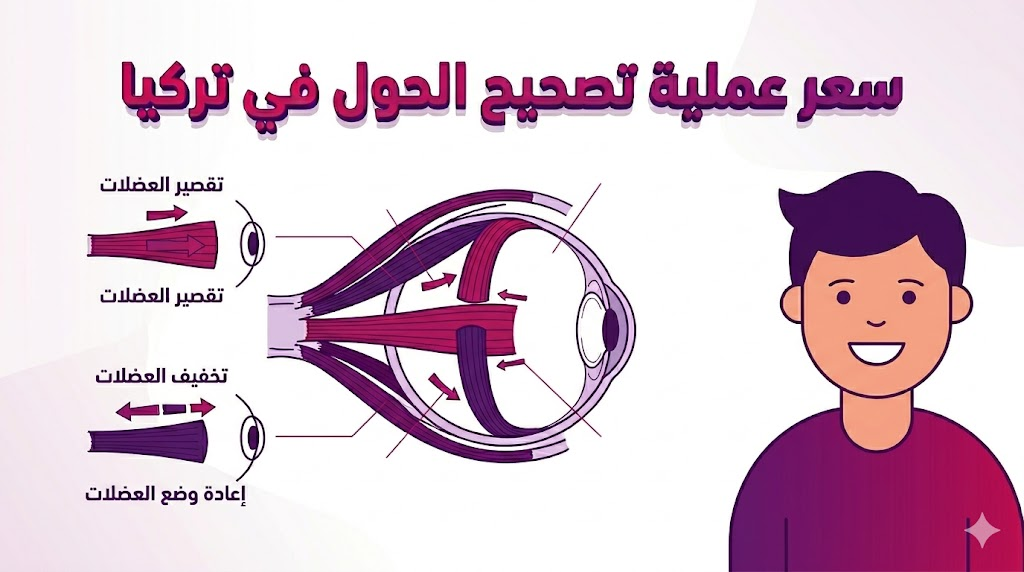 إنفوجرافيك طبي يشرح التشريح العضلي للعين والتقنيات المستخدمة في سعر عملية تصحيح الحول في تركيا.