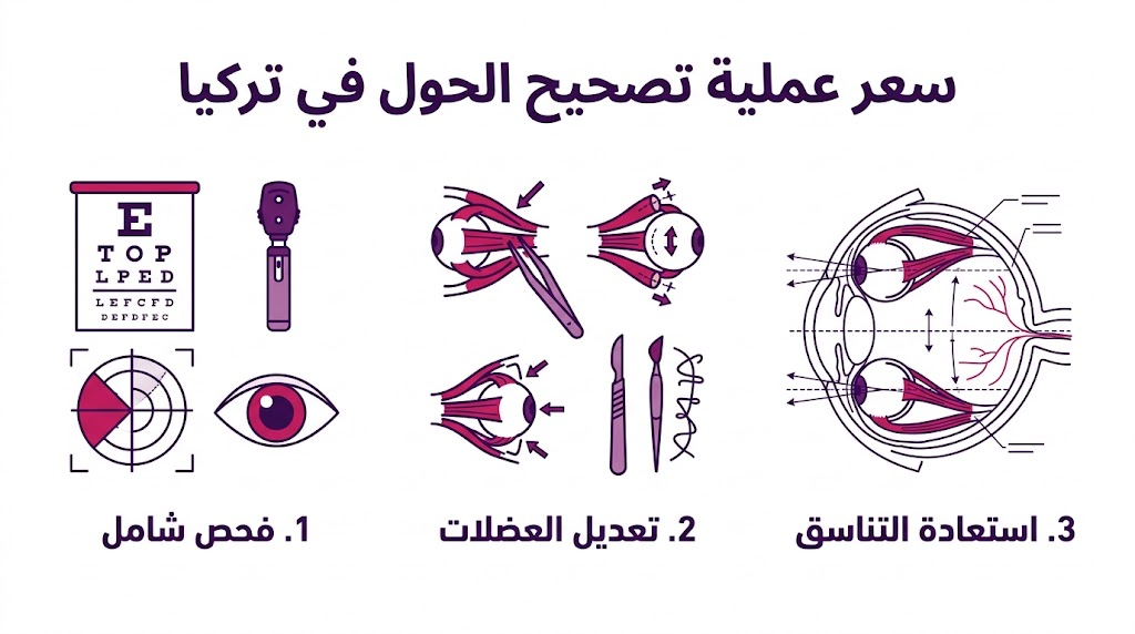  بوستر إنفوجرافيك يوضح خطوات ومزايا سعر عملية تصحيح الحول في تركيا من الفحص حتى النتائج.