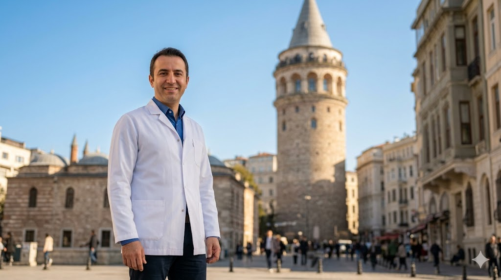 طبيب عيون متميز يقف أمام برج غالاتا في إسطنبول لتقديم خدمات سعر عملية تصحيح الحول في تركيا.