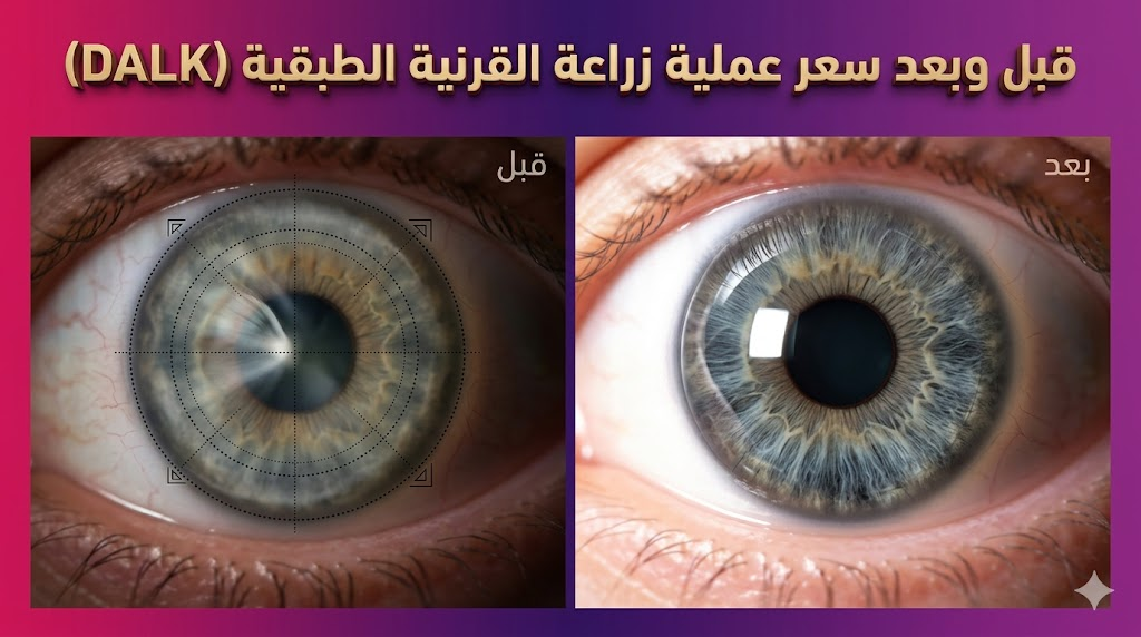 مقارنة قبل وبعد توضح نتائج سعر عملية زراعة القرنية الطبقية (DALK) على شفافية العين.