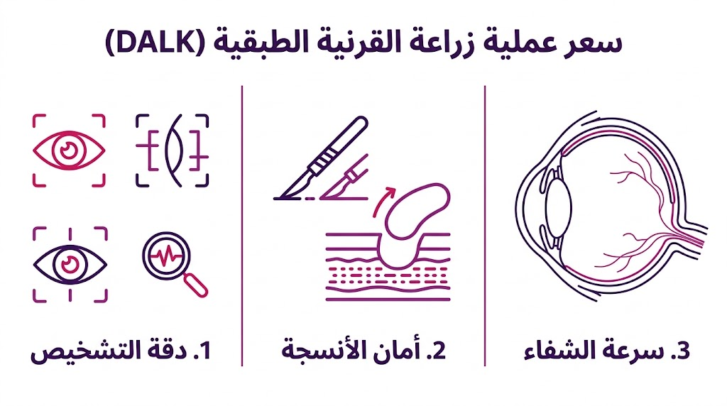 بوستر إنفوجرافيك يوضح خطوات ومميزات سعر عملية زراعة القرنية الطبقية (DALK).