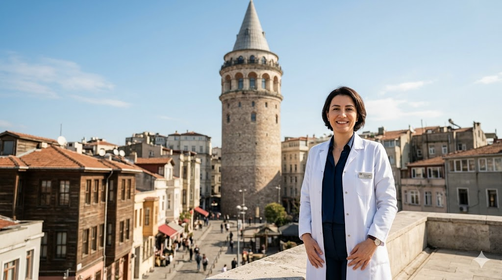 طبيب متخصص يقف أمام برج غالاطة في اسطنبول للإشارة إلى وجهات إجراء سعر عملية زراعة القرنية الطبقية (DALK).