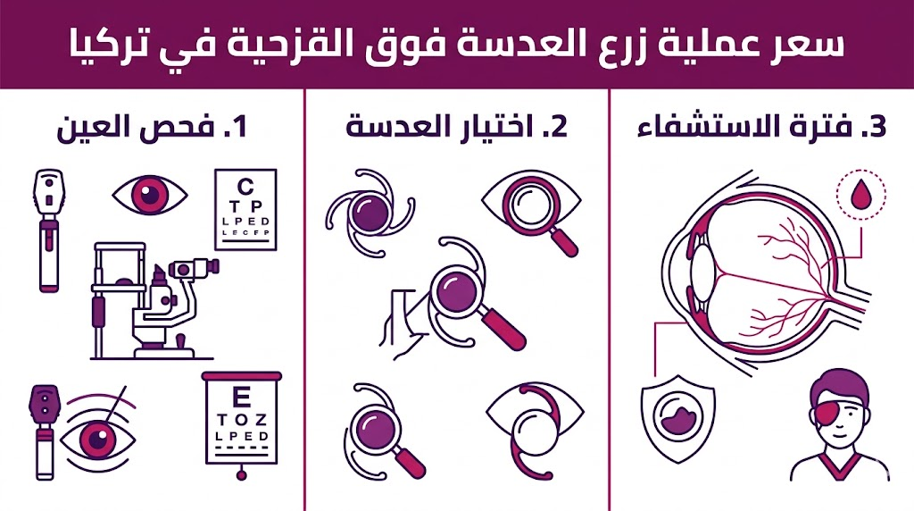 إنفوجرافيك تعليمي يشرح خطوات العملية الثلاث المرتبطة بـ سعر عملية زرع العدسة فوق القزحية في تركيا.