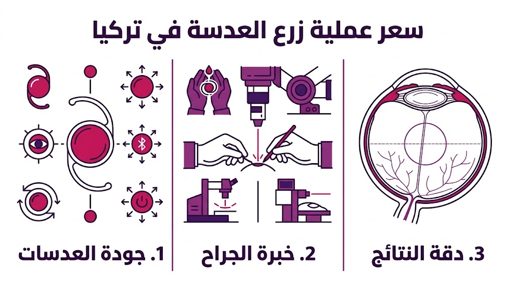 ملصق إنفوجرافيك يوضح العوامل المؤثرة على سعر عملية زرع العدسة في تركيا وخطوات العملية.