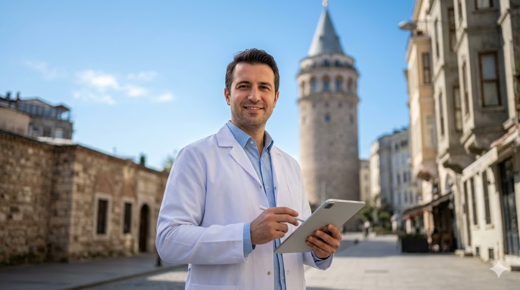  طبيب عيون متميز يقف أمام برج غالاتا في اسطنبول كرمز للجودة ضمن سعر عملية زرع العدسة في تركيا.