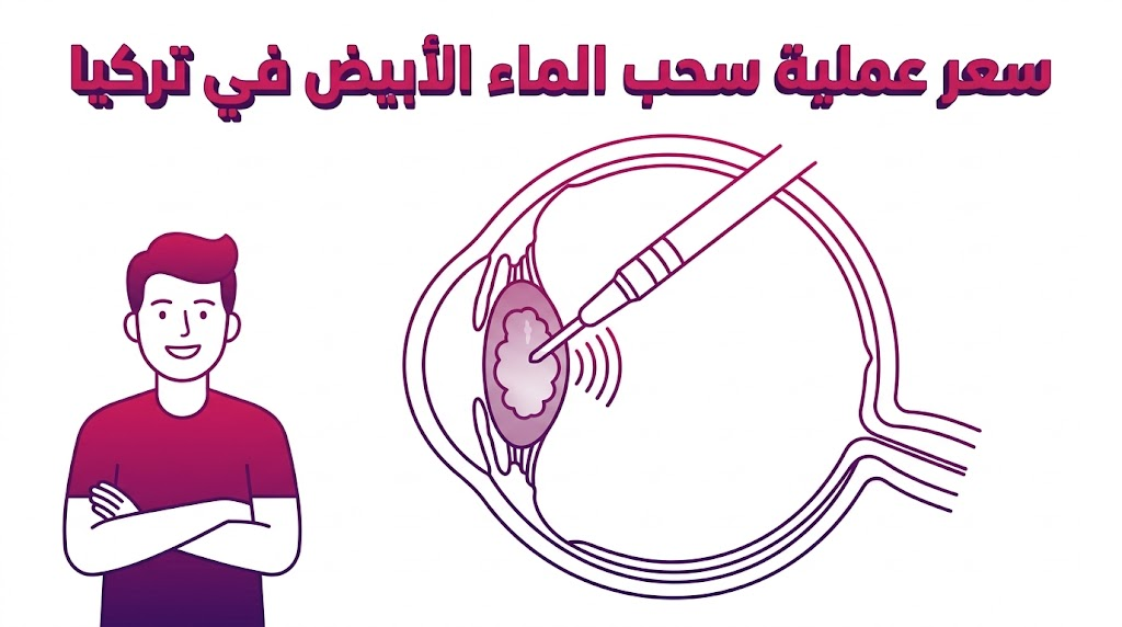 مخطط تشريحي تعليمي يوضح الخطوات الطبية المرتبطة بـ سعر عملية سحب الماء الأبيض في تركيا مع رسم تعبيري لمريض سعيد.