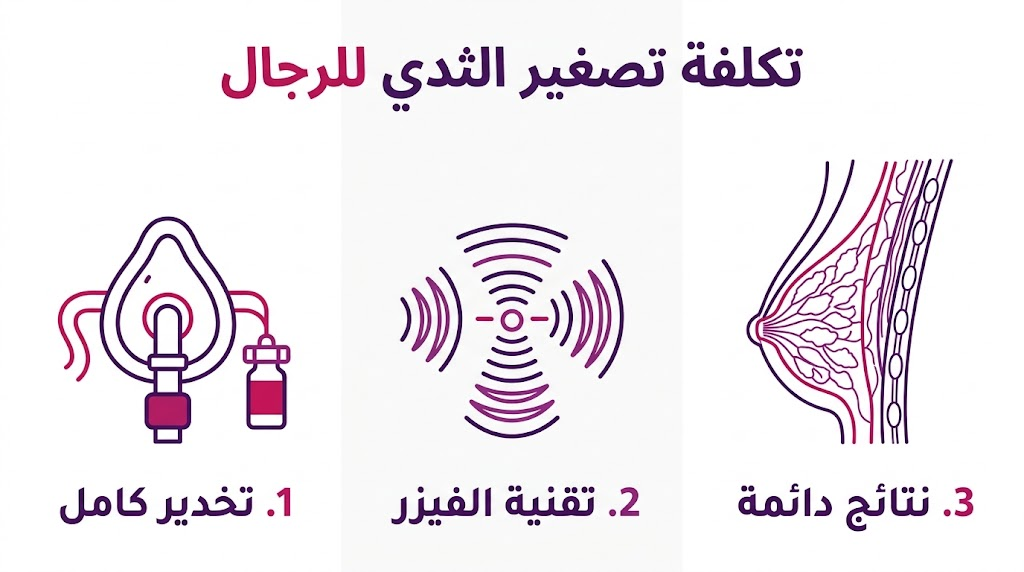  بوستر إنفوجرافيك طبي مقسم لثلاثة أقسام يشرح مراحل ووسائل تحديد تكلفة تصغير الثدي للرجال.