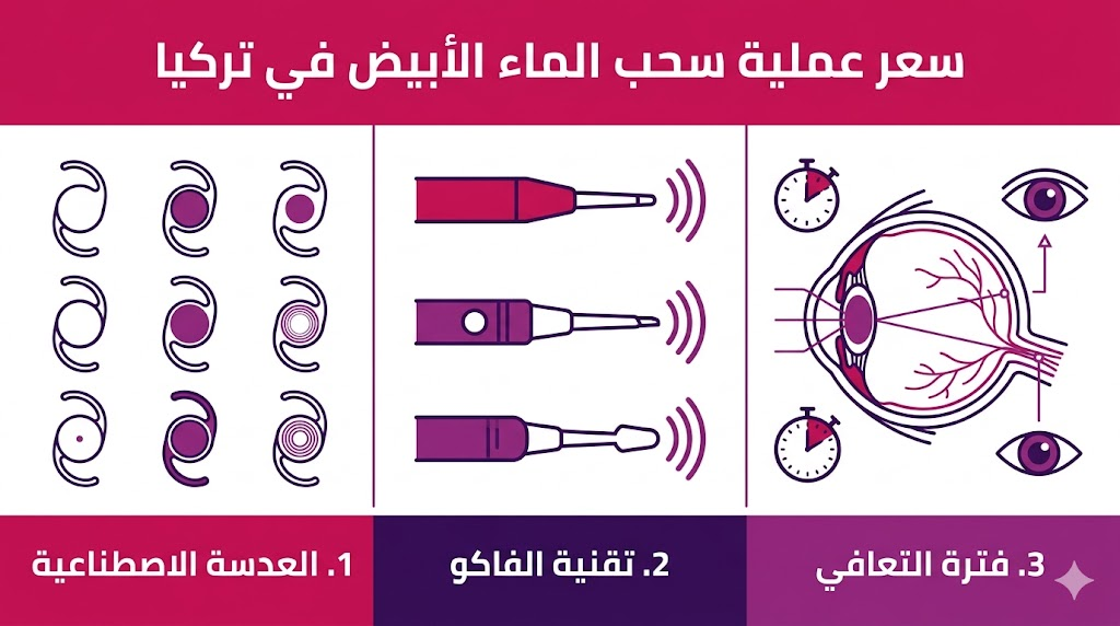  إنفوجرافيك طبي يوضح مراحل وسعر عملية سحب الماء الأبيض في تركيا تشمل العدسة والتقنية وفترة الشفاء.
